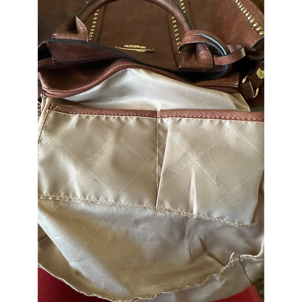 Dasein Brown Vegan Leather Studded Tote Bag Satchel with Matching Pouch Gold EUC - Picture 7 of 16